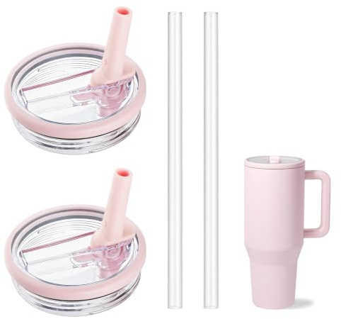2PCS 32oz Flip Straw Lid for HydroJug Traveler, Leak Proof Top Cap Replacement for HydroJug Tumbler, BPA-Free Dishwasher Safe Leak Resistant Cap with 2 Straws, Lids Accessories for Hydro Jug (Pink)