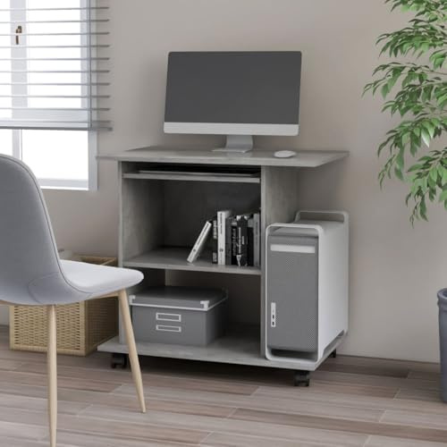 mzdioop Desk Concrete Grey Made of Wood 80 x 50 x 75 cm with Keyboard Drawer and Wheels, Compact Computer Desk for Office, Home Office, Workplace, Space-Saving and Mobile