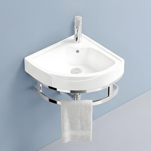 Petit Lavabo D'Angle Mural avec Porte-Serviettes Intégré, Vasque à Poser Design Moderne, Lave-Main WC avec Trou de Robinet Unique et Trop-Plein, Gain de Place