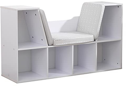 KidKraft Wooden Bookcase with Reading Nook, Storage and Gray Cushion, White