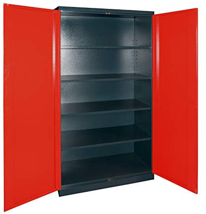 DEMA Werkzeugschrank Vollmetall 110x192x58 cm – Werkstattschrank, Metallschrank, Aufbewahrungsschrank – anthrazit/rot, 4 Böden, robust, stabil – Werkstatt, Garage, Heimwerker, Handwerk