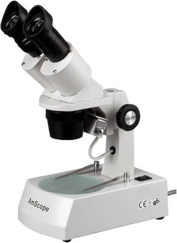 AmScope SE305R-A Forward-Mounted Binocular Stereo Microscope, WF10x Eyepieces, 10X/30X Magnification, 1X and 3X Objectives, Upper and Lower Halogen Light Source, Arm Stand, 120V