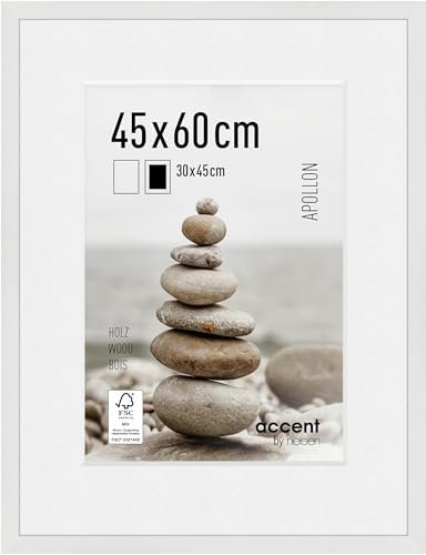 accent by nielsen Bilderrahmen mit Passepartout, 45 x 60 cm, Holz, Weiß, Posterrahmen zum Aufhängen im Hoch- & Querformat, Echtglas, Apollon