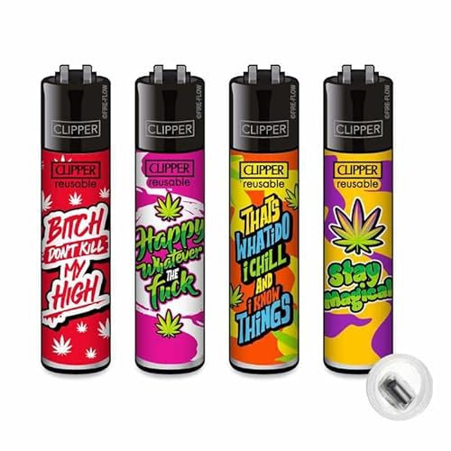 4 Stück Clipper Classic Feuerzeug Serie Set Weed Statements #6 inkl. Feuerstein und 1/5 Sticker