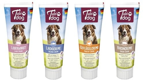 Tubi-Dog Set aus 12xLeberwurst 12x Lachscreme 12x Baconcreme 12xGeflügelcreme = 48 Tuben