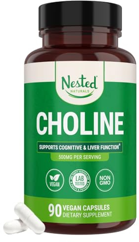 Nested Naturals Choline Bitartrate 500mg Per Serving - High Potency Choline Supplements - Supports Cognitive Performance & Liver Function - 100% Vegan & Non-GMO Choline - 90 Vegan Capsules