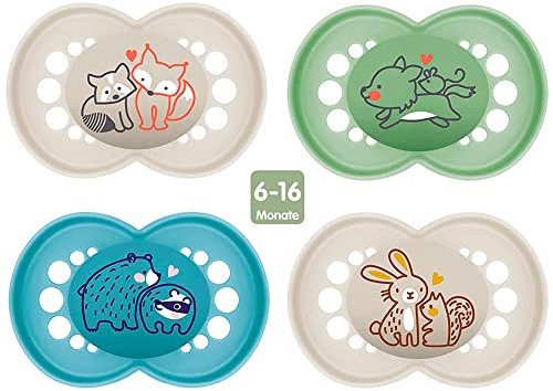 MAM Original Schnuller // SILIKON // Wood Friends // Schnuller 6-16 // 4er Set // inkl. Sterilisiertransportboxen //