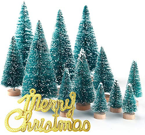 KUUQA 36 Pcs Mini Sisal Neige Givre Arbres De Noël Bouteille Brosse Arbres En Plastique Hiver Neige Ornements Arbres de Table avec Joyeux Noël lettres pour Party De Noël À La Maison Modèles De Diorama