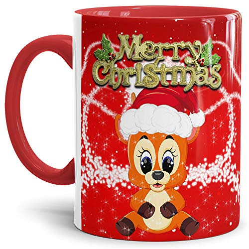 Tassendruck Weihnachtstasse Merry Christmas Farbtasse Innen und Henkel Rot mit Rentier - Kaffeetasse/Mug/Cup - Qualität Made in Germany