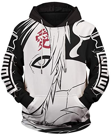 QYIFIRST Herren Damen Anime Kapuzenpullover Sweatshirt Gaara Cosplay Kostüm mit Taschen Schwarz/Weiß EU Size XXL