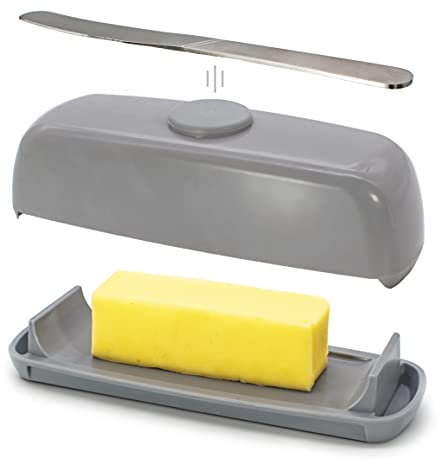 Butter Hub Magnetic Butter Dish, No Mess Lid, Scoop Ramps, Knife (Grey)