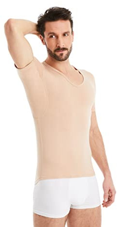 FINN Camiseta Anti-Sudor Hombre con Cuello de Pico y Parches antisudor contra la Sudoración Intensa - Camiseta Interior con Protección Garantizada contra Manchas de Sudor y Mal Olor Color Piel Nude S