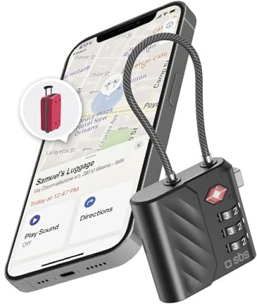 SBS Track My Lock Cadenas TSA avec localisateur Finder intégré, Compatible Apple Localiser (iOS), Verrouillage à Combinaison 3 Chiffres, Alarme 60 DB, Recharge USB-C, idéal pour valises et Sacs, Noir