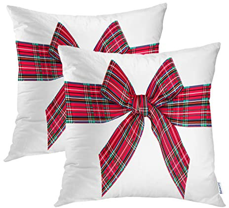 Batmerry Red Plaid Ribbon Bow Xmas Decorative Pillow Covers 18X18 Inch Set of 2, Christmas Bow-Tie New Year Celebration Cushion Throw Pillow Covers Outdoor Sofa Couch Pillowcase