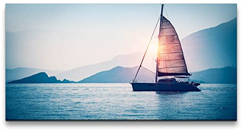 Paul Sinus Leinwandbild 120x60cm Segelschiff Segel Meer Berge Freiheit Boot Sonnenuntergang
