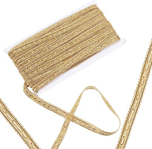 PandaHall 20m Metallische Gewebte Flechtborte, 14mm Gimpenbesatz Glänzender Lurex Besatz Gold Dekorative Stoffband Bortenspitzenbesatz für Kostüm DIY Nähen Handwerk Polsterung Wohnkultur