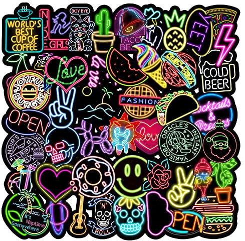 Neon Aufkleber, 50 Stück Sticker Set Wasserdicht Vinyl Stickers Graffiti Style Decals für Auto Motorräder Fahrrad Skateboard Gepäck Laptop Aufkleber, Geeignet für Erwachsene Kinder
