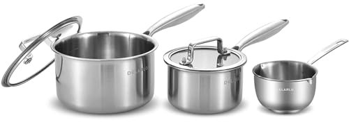 DELARLO Tri-Ply Stainless Steel Saucepan Set with Lid 1.0QT 2.5QT 10OZ, Small Pot, Induction Cooking Home Kitchen Sauce Pan,Butter Warmer,Dishwasher Safe & Oven Safe