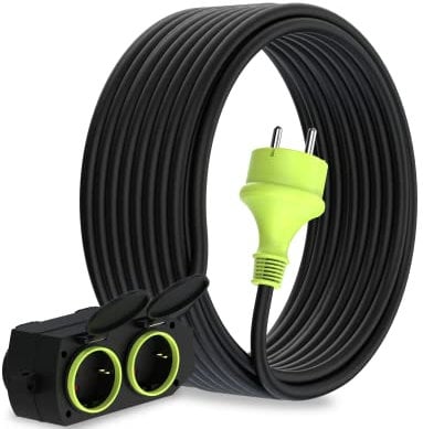 MutecPower 15m Cable alargador de Corriente con 4 enchufes Schuko para Uso Exterior IP44 H05RR-F3G 1,5mm² alargo con 4 Tomas Protección Infantil Cable de Goma para Exterior 15 Metros Negro/Verde