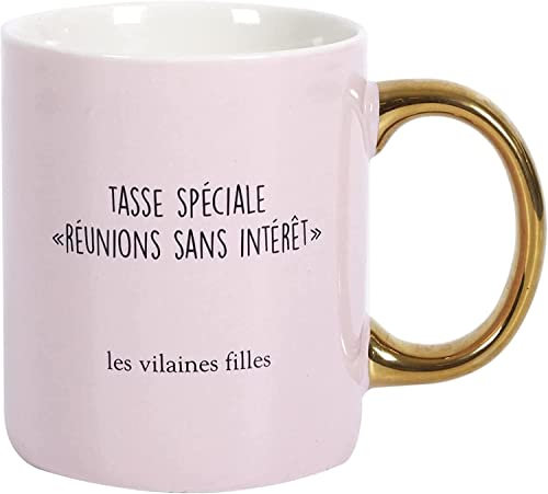 Le Studio Les Vilaines Filles 42-VF-027 Mug Tasse spéciale Réunions sans intérêt Rose Anse dorée Céramique grès D12 x H9,5 cm