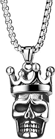 JewelryWe Schmuck Halskette Herren Retro Gotik Totenkopf Schädel König mit Krone Edelstahl Anhänger Kette Geschenk für Männer Silber