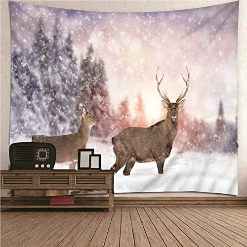 UNZYE Wandteppich Aesthetic Indie Wanddekoration Outdoor Winterthema Elch Und Schnee Wandteppich Indie Aesthetic Wanddecken Deko Weiß Art Deco Wanddecke Schlafzimmer Wohnzimmer 100x70CM