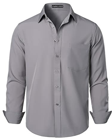 PARKLEES Men's Regular Fit Dress Shirt Solid Wrinkle-Free Long Sleeve Casual Business Button Up Shirts with Pocket PZSSCL05-Gray XL