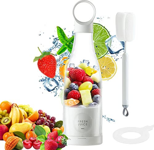 Licuadora Portátil Usb, 450ml Botella Batidora Licuadora Pequeña, Batidora Personal Multifuncional con Cepillo Limpiador para Viajes Oficina, Para batidos, licuados, zumos de verduras (Blanco)