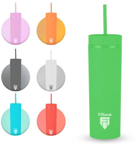 Filliano Bicchiere con cannuccia a doppia parete, Tumbler per bevande 473ml/16oz, Bicchiere in acrilico per Caffè, Tè, Sport, Ufficio, Borraccia con cannuccia , Skinny Tumbler con tappo (Verde)