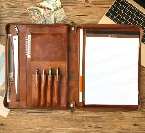 Gvalant Zippered Padfolio Portfolio Binder, Oil Wax Leather Organizer. Letter-Sized 8.5x14 inch Notepad Clipboard Folder, Organizer for Laptop/iPad (up to 13.3), Phone & 4-Pen Slots, Oil Wax Brown