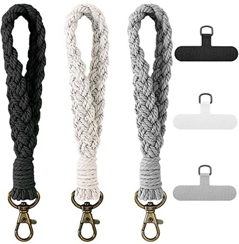 Paquete de 3 Correas de muñeca Bohemias de macramé para teléfono con 3 pestañas de sujeción para teléfono, Pulsera de cordón para teléfono Celular Llavero de Pulsera Hecho a Mano con Correa Universal