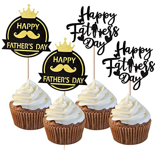 24 Stück Happy Father's Day Cupcake Toppers Best Dad Tortendeko Super Dad Crown Moustache Tortendekorationen für Happy Father's Day Party Männer Geburtstag Party Cake Decoration Schwarz
