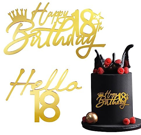 BETESSIN 2Pcs Tortendeko 18 Geburtstag Kuchendeko Acryl Cake Topper Happy 18th Birthday Gold Geburstagstorte Deko für 18. Geburtstag Party Kuchen Torten Topper