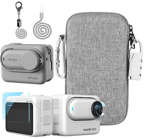LEWOTE Zubehör Kit Kompatibel mit Insta360 GO 3[Silikon Kamera Case Cover und Objektivkappe][2Pcs 3D Screen Protector Film][Outdoor Tragetasche mit Auto Locking Karabiner und Anti-Loss Lock](Grau)