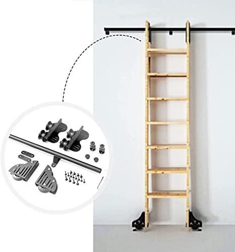 Einziehbares Rollleiter-Schienen-Kit (Keine Leiter) mit Bodenrollenrädern, Rollleiter-Hardware-Bibliothek, Schiebeleiter-Hardware-Kit, Runde Schiene/Schiene/6,6 Fuß/200 cm Schienen