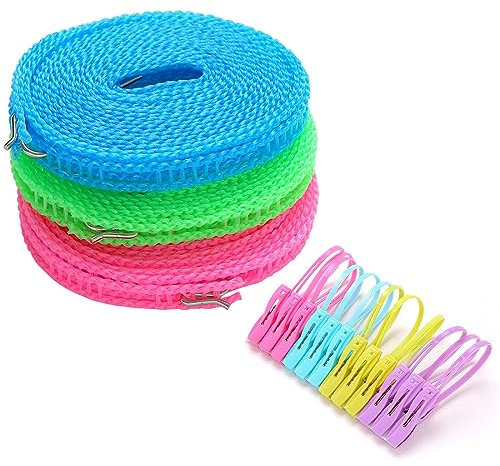 DDKY 3er-Pack 5 m rutschfeste Wäscheleine aus Nylon, Wäscheleinengurte mit 12 Clips, tragbares Campingzubehör, Outdoor-Wäscheleine für Garten, Reisen, Urlaub, Wohnmobil und mehr