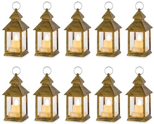 NUPTIO Laterne Kleine Weihnachten Deko - 10er led Teelichter Gold Mini Laternen für Draußen Flackernde Teelicht Kerzen Orientalische Halloween Garten Ramadan Hochzeit Tischdeko