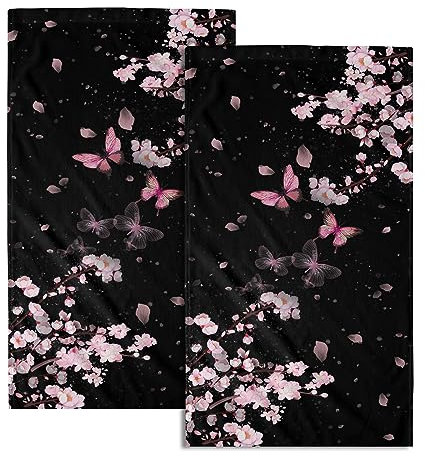 Giwawa Rosa Kirschblüte Handtuch - Abstrakte Schmetterlinge Badetücher Set von 2 Blühenden Sakura Blumen Zweig Geschirrtücher Gästetücher Küche Geschirrtuch Dekor