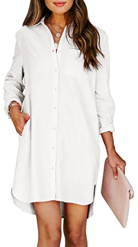 Aoudery Womens Button Down Shirt Dresses with Pockets Cotton Button Up Tunics Long Sleeve Solid High Low Blouse Tops-White-L