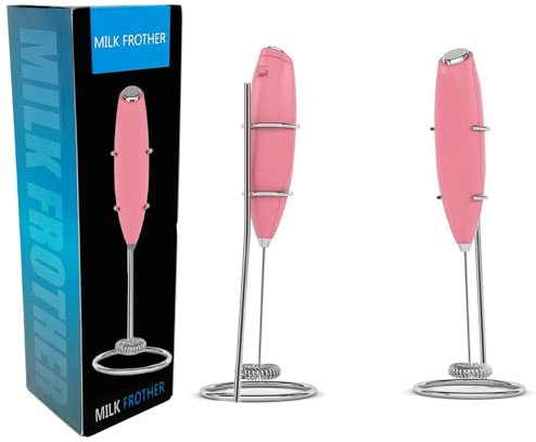 Electric Milk Frother Handheld Mini Foamer with Base Coffee Maker Egg Beater for Chocolate Cappuccino Frappe Stirrer Portable Blender Whisk Tools (Pink)