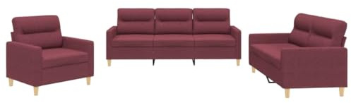 vidaXL Sofagarnitur 3-TLG., Sessel Couch mit Kissen, Sofa Wohnzimmersofa mit Armlehnen, Couchgarnitur Designsofa Sitzmöbel Polstermöbel, Weinrot Stoff