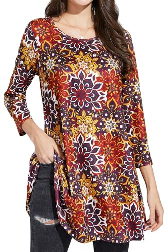 Enmain Womens Tunic Tops 3/4 Sleeve Ladies Long Tunics Casual Longline Loose Tunic Top for Leggings Round Neck Blouse Shirts Red & Yellow L