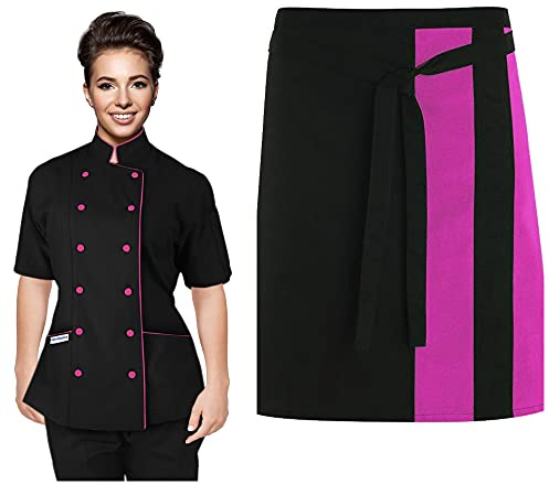 UNIFORMATES Veste de chef à manches courtes pour femme et tabliers à la taille, Noir/bordure rose, XS