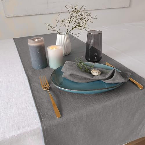 Farnberg Premium Tischläufer aus Leinen - Moderne Tischdeko für Küchentisch, Esstisch - Tischband - Tischdecke - (40 x 300 cm) - Uni Grau