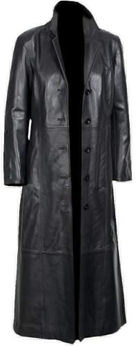 Women’s Long Coat, Real Sheepskin Leather Trench Coat, Black stylish parka, Duster overcoat. (UK, Alpha, XL, Regular, Regular, BLACK-AE-858)