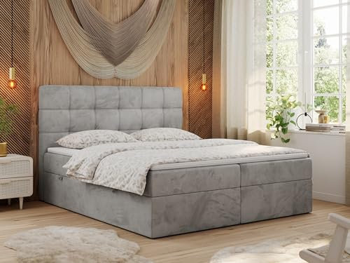 MKS MEBLE Boxspringbett mit Matratze, Bett mit Multipocket - Matratze und Topper, Polsterbett mit Bettkasten und Kopfteil, ERNI (180x200 cm, H4 Hellgrau, Velvet)