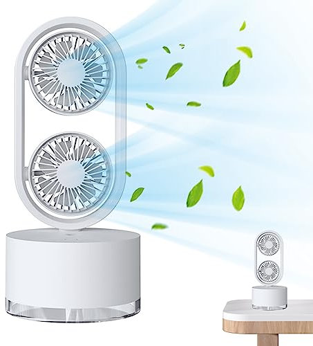 Travel Fan, Desk Tower Fan Oscillating Table Fan with Mist Fan 30dB USB portable Fan with 3-Speed Dual Fans Portable Fan with Night Light for Home Office
