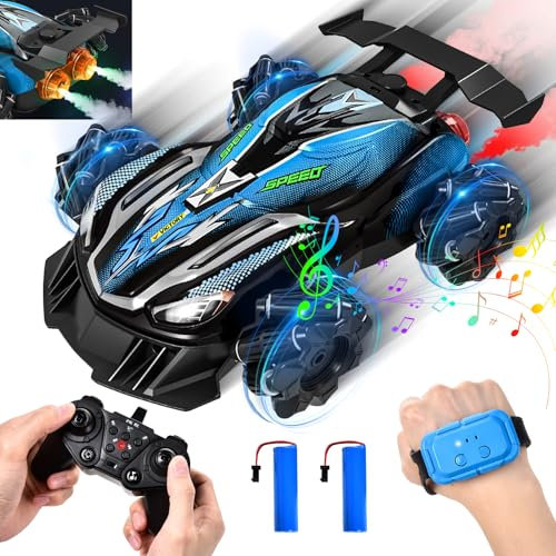 IEEILULU Macchina Telecomandata, Macchina Acrobatica Telecomandata, Auto Radiocomandata a 4 Ruote Motrici da 2.4 GHz, con Luci LED e Spray, per Bambini Regalo di 4-12 anni (Blu)