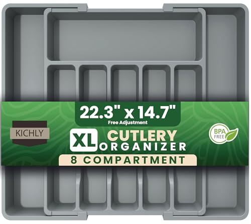 KICHLY Cutlery and Kitchen cutlery drawer organiser Expandable 8 Compartment for Kitchen, Multipurpose Large cutlery Tray and Spoon Holder, Adjustable Silverware Plastic Organizer, (Grey)