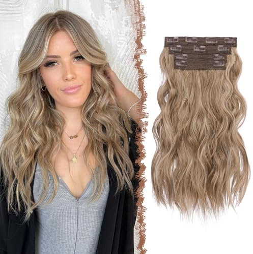 FESHFEN Clip in Extensions, 4PCs Lang Wellig Haarverlängerungen mit Clips Synthetik Gewellt Karamellbraun Gemischt Aschblond Haarextension Wavy Haar Extensions Clip in Haarteil für Damen 40 cm
